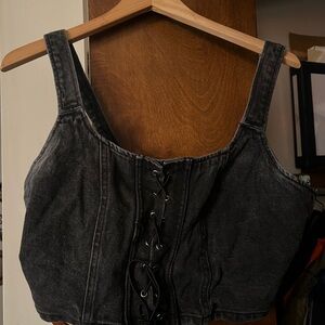 wild fable Black Washed Denim Crop Top with Lace-Up Front